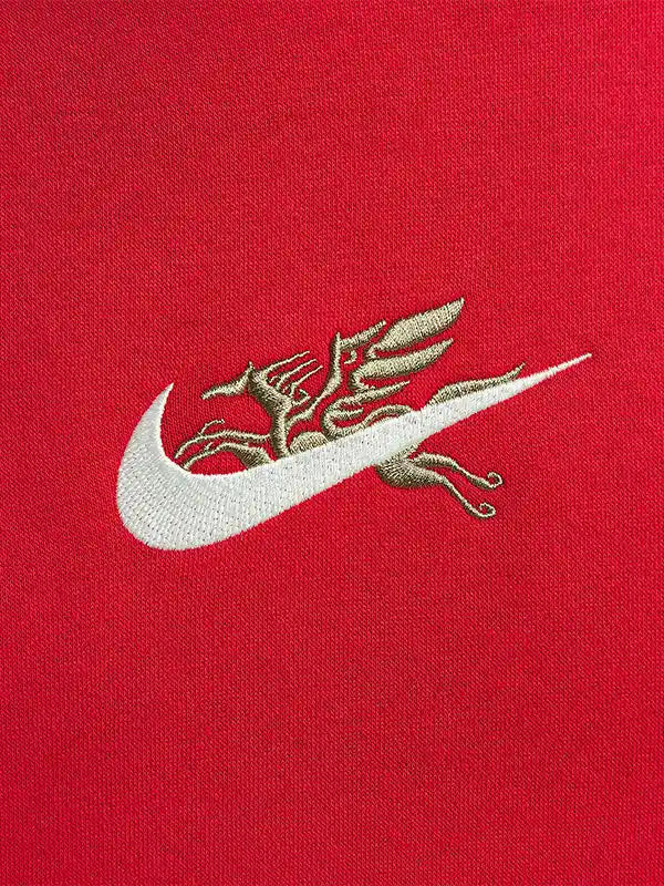 Nike Sportswear Year of the Horse Hoodie Hoodie unisex detail view 4 | Dash Racegear — Red fleece pullover hoodie blending cultural inspiration with classic Nike Sportswear comfort