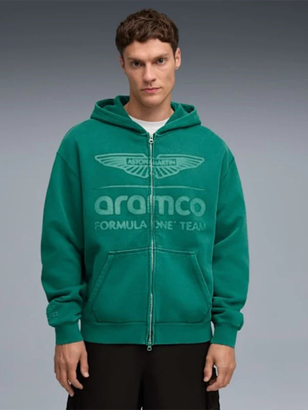 PUMA x Aston Martin Aramco F1 Hoodie Hoodie unisex front product view | Dash Racegear — Unisex PUMA x Aston Martin Aramco F1 Team Green Hoodie in cozy fleece with zip closure, perfect for F1 fan lifestyle and casual wear.
