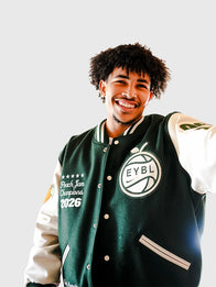 Florida Rebels Peach Jam Champions Varsity Jacket Varsity Jacket unisex detail view 5 | Dash Racegear — 2026 EYBL Peach Jam Champions Florida Rebels Green & White Leather Sleeves Wool Varsity Jacket featuring premium comfort and championship-inspired…