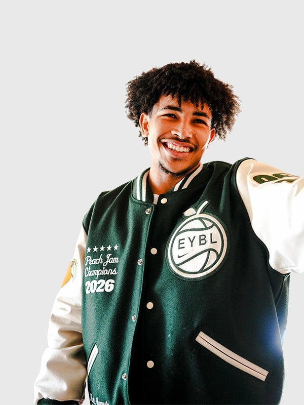 Florida Rebels Peach Jam Champions Varsity Jacket Varsity Jacket unisex detail view 5 | Dash Racegear — 2026 EYBL Peach Jam Champions Florida Rebels Green & White Leather Sleeves Wool Varsity Jacket featuring premium comfort and championship-inspired…