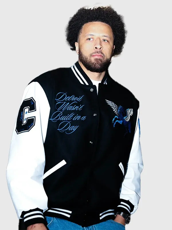 Cade Cunningham Ford Jacket Jacket unisex detail view 4 | Dash Racegear — Cade Cunningham black white varsity jacket Ford custom, warm wool construction, sleek leather accents for casual street outfits.