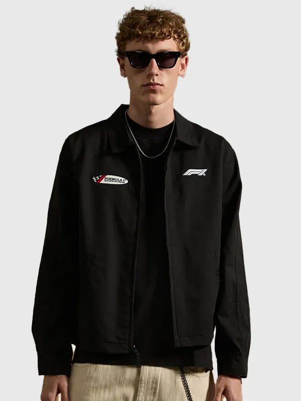 Formula 1 x Pacsun Miami Work Jacket Jacket unisex front product view | Dash Racegear — Pacsun x Formula 1 Miami Grand Prix unisex black workwear jacket, rugged style for race fans and street-ready outfits