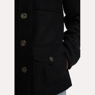 Mens Four Pocket Black Wool Coat Coat men detail view 3 | Dash Racegear — Mens Four Pocket Black Wool Coat