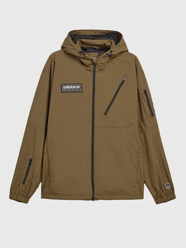 Adidas Buckstead SPZL Jacket Jacket unisex front product view | Dash Racegear — Adidas Buckstead SPZL brown hooded full-zip jacket, premium streetwear with utilitarian outdoor style.