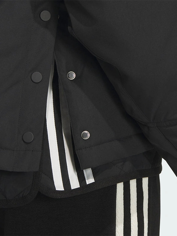 Adidas 3S Black Padded Jacket Jacket unisex detail view 4 | Dash Racegear — Recreated Adidas premium 3-Stripes oversized black padded jacket featuring insulated construction and bold stripe detailing