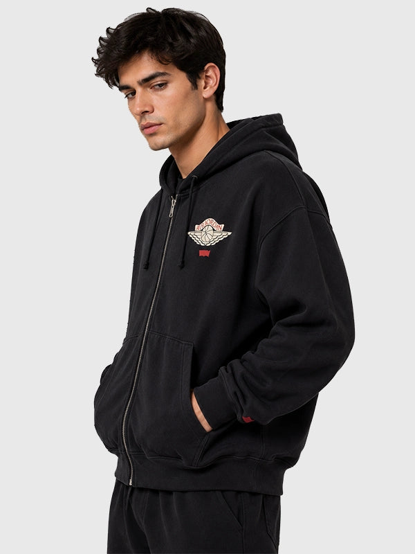 Levi’s x Jordan Full-Zip Hoodie Hoodie unisex detail view 6 | Dash Racegear — Unisex Levi's x Jordan Hooded Jacket in Black with front fastening, dual-logo presentation, and cotton-rich fabrication