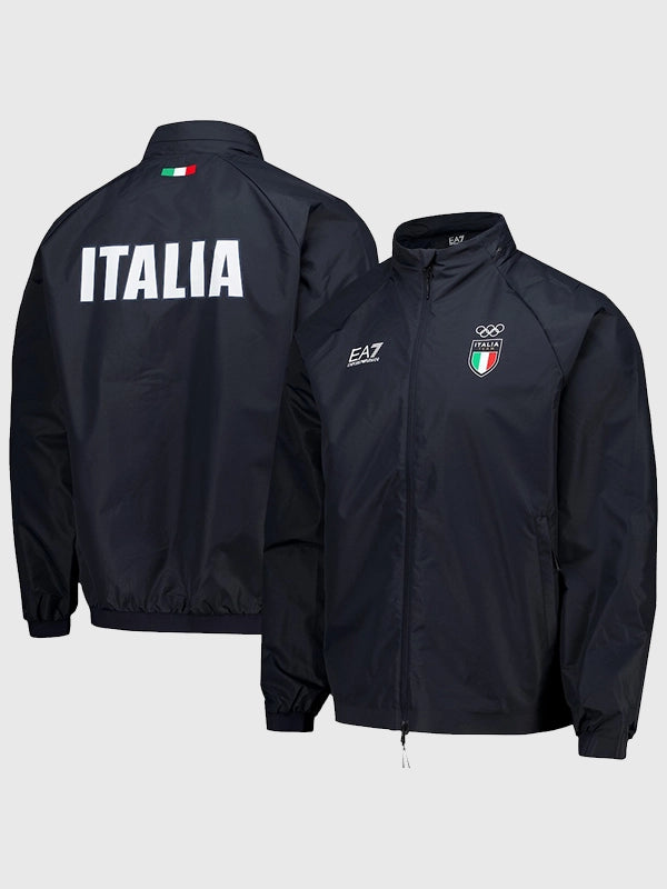 Winter Olympics 2026 Team Italy EA7 Emporio Armani Tech Jacket Jacket unisex front product view | Dash Racegear — Milano Cortina 2026 Winter Olympics black puffer jacket, EA7 Emporio Armani Team Italy edition, ideal for cold-weather activities and fan…