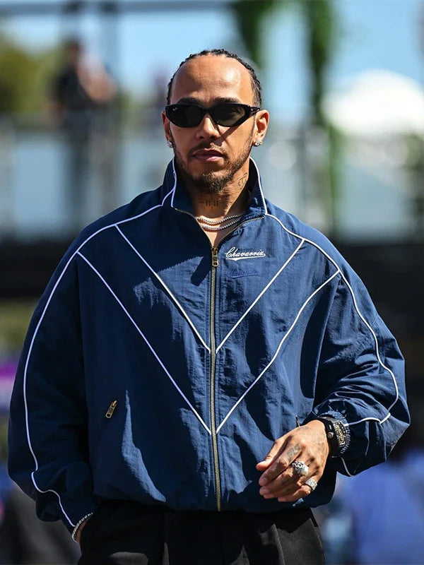 Lewis Hamilton Willy Chavarria Jacket Jacket unisex front product view | Dash Racegear — Unisex Lewis Hamilton 2026 Willy Chavarria track jacket in blue with racer-inspired design for street style.