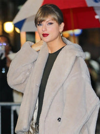 Taylor Swift Late Show With Stephen Colbert Fur Coat Coat unisex detail view 2 | Dash Racegear — Soft faux fur Taylor Swift teddy coat modeled after her appearance on the Late Show With Stephen Colbert.