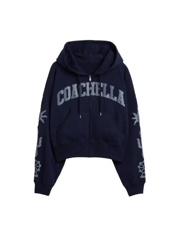 Gap × Coachella Zip Hoodie Hoodie unisex front product view | Dash Racegear — Gap × Coachella navy zip-up hoodie, perfect for festival vibes and casual everyday wear.