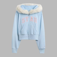 Gap × Sandy Liang Vegan Fur-Trim Crop Zip Hoodie Hoodie unisex front product view | Dash Racegear — Soft vegan fur hoodie from Gap × Sandy Liang capsule drop