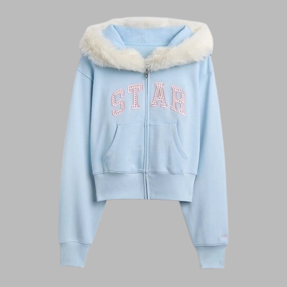Gap × Sandy Liang Vegan Fur-Trim Crop Zip Hoodie Hoodie unisex front product view | Dash Racegear — Soft vegan fur hoodie from Gap × Sandy Liang capsule drop