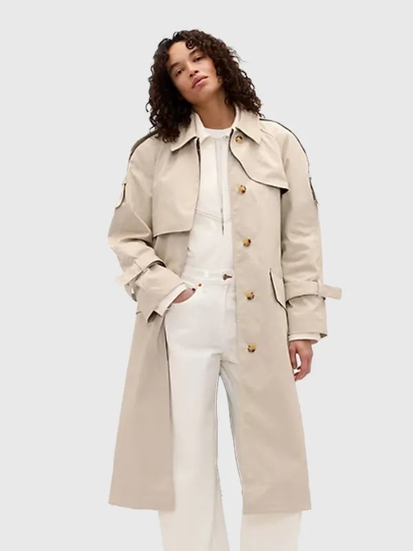 Gap × Victoria Beckham Trench Coat Coat unisex front product view | Dash Racegear — Victoria Beckham Gap 2026 beige trench coat, sleek unisex outerwear for refined streetwear looks.