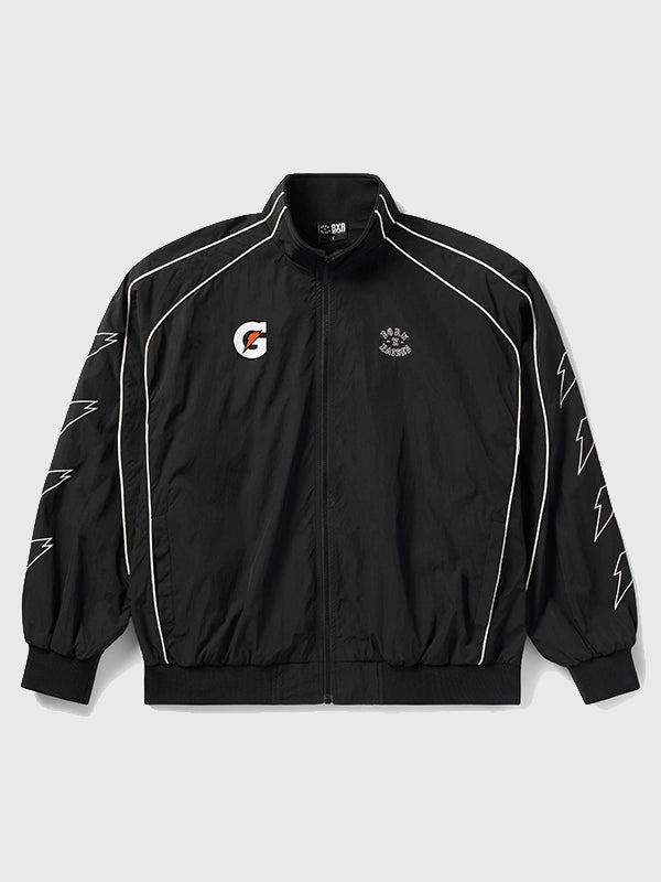 Born x Raised x Gatorade Track Jacket Jacket unisex front product view | Dash Racegear — Born x Raised x Gatorade 2026 black full-zip track jacket with a relaxed unisex fit and sporty street appeal.