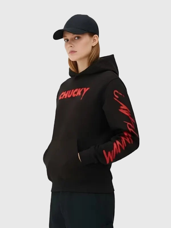 Primark Black Chucky Hoodie Hoodie unisex detail view 4 | Dash Racegear — Recreated Primark Chucky black fleece pullover hoodie designed for cozy wear with a relaxed casual fit