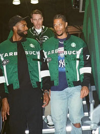 Fanatics Fest NYC 2026 Starbucks Varsity Jacket Varsity Jacket unisex front product view | Dash Racegear — Green and black Starbucks Fanatics Fest NYC 2026 bomber jacket crafted for lightweight comfort and casual versatility.