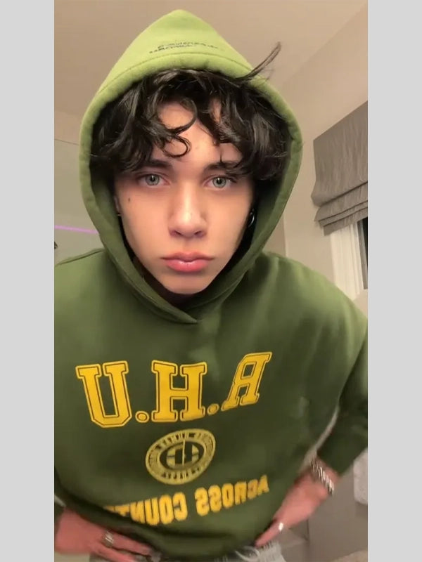 Landon Barker Green Hoodie Hoodie unisex detail view 3 | Dash Racegear — Landon Barker Rhude Hoodie in green, unisex pullover style with signature edge for fans of elevated streetwear.