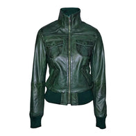 Womens Green Bomber Leather Jacket Bomber Jacket women front product view | Dash Racegear — Green Bomber Leather Jacket