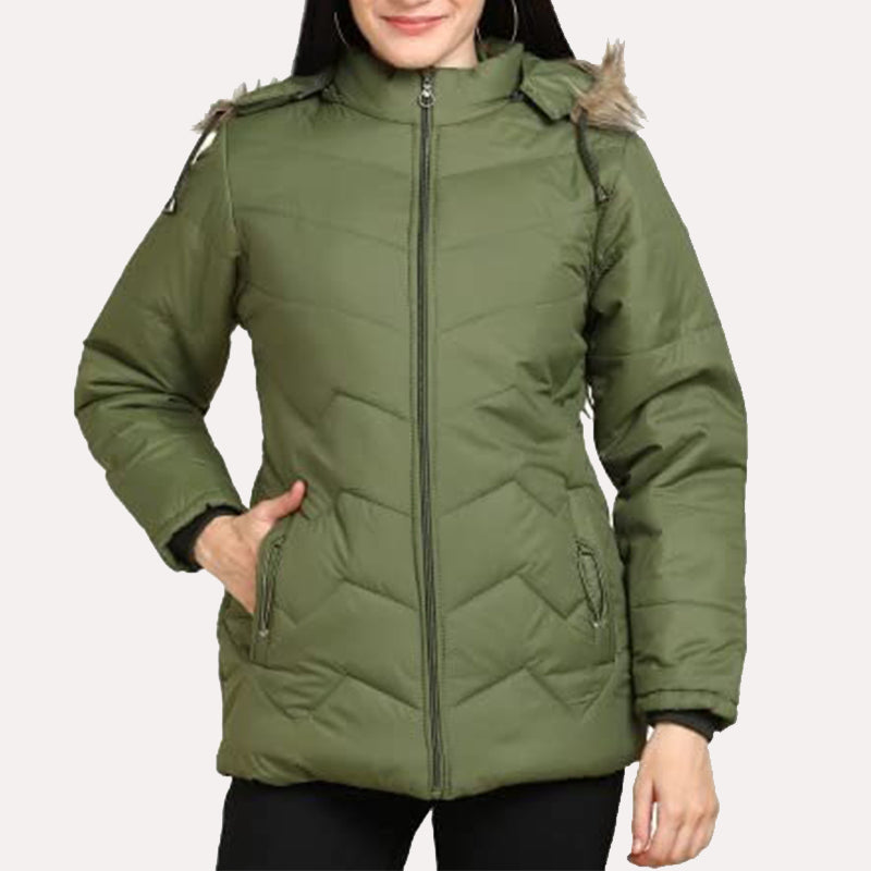 Womens Green Puffer Jacket Puffer Jacket women front product view | Dash Racegear — Green Puffer Parka Hooded Jacket