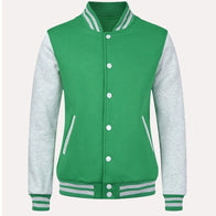Womens Green and Grey Varsity Jacket Varsity Jacket women front product view | Dash Racegear — Womens Green and Grey Fleece Varsity Jacket