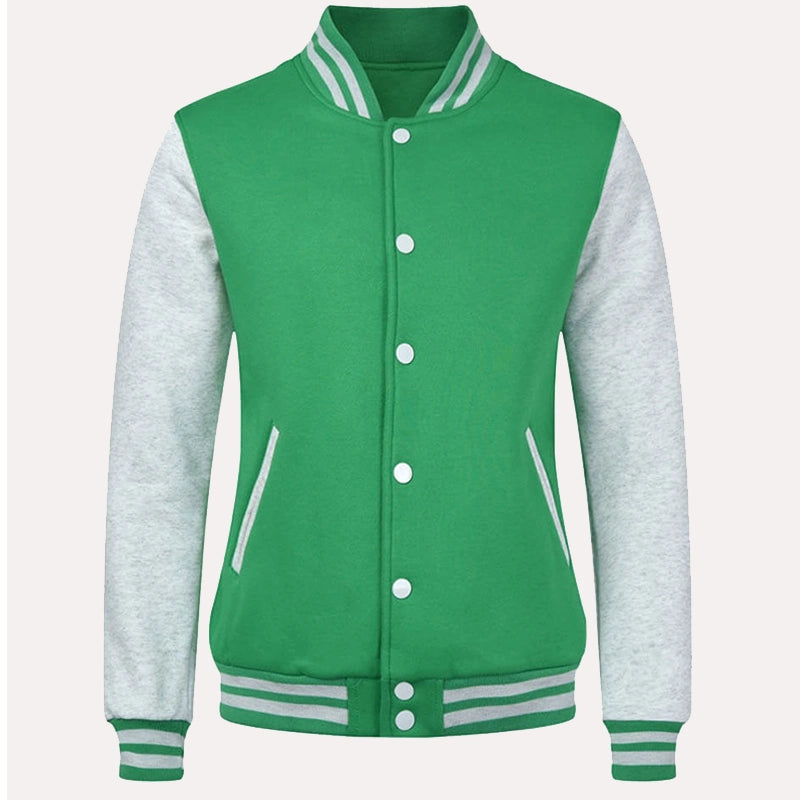 Womens Green and Grey Varsity Jacket Varsity Jacket women front product view | Dash Racegear — Womens Green and Grey Fleece Varsity Jacket