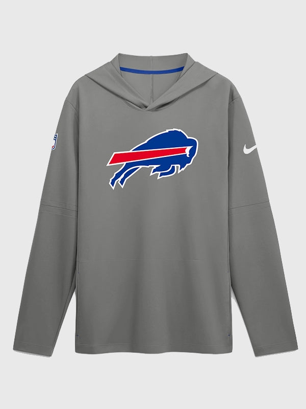 Buffalo Bills Nike Sideline Long Sleeve Hooded T-Shirt Shirt unisex front product view | Dash Racegear — Buffalo Bills 2026 Nike Sideline Lightweight Long Sleeve Hooded Dri-FIT T-Shirt in Gray featuring premium comfort and performance-inspired everyday…