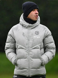 Liam Rosenior Chelsea Puffer Jacket Puffer Jacket unisex front product view | Dash Racegear — Show team pride in the Liam Rosenior Chelsea Grey Puffer Jacket, perfect for training days or streetwear.