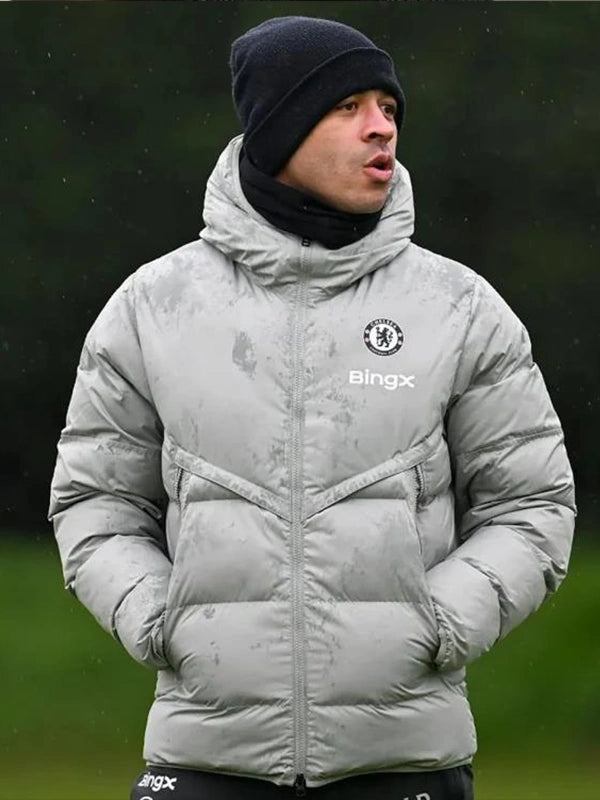 Liam Rosenior Chelsea Puffer Jacket Puffer Jacket unisex front product view | Dash Racegear — Show team pride in the Liam Rosenior Chelsea Grey Puffer Jacket, perfect for training days or streetwear.