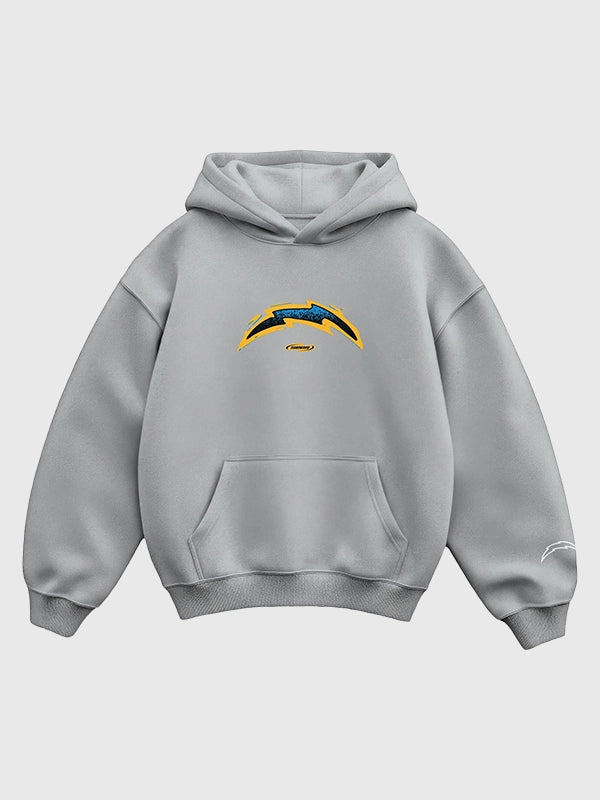 Seen x Chargers Vintage Voltage Hoodie Hoodie unisex detail view 2 | Dash Racegear — Seen x Los Angeles Chargers Vintage Voltage graphic pullover fleece hoodie in grey featuring soft warmth and relaxed comfort