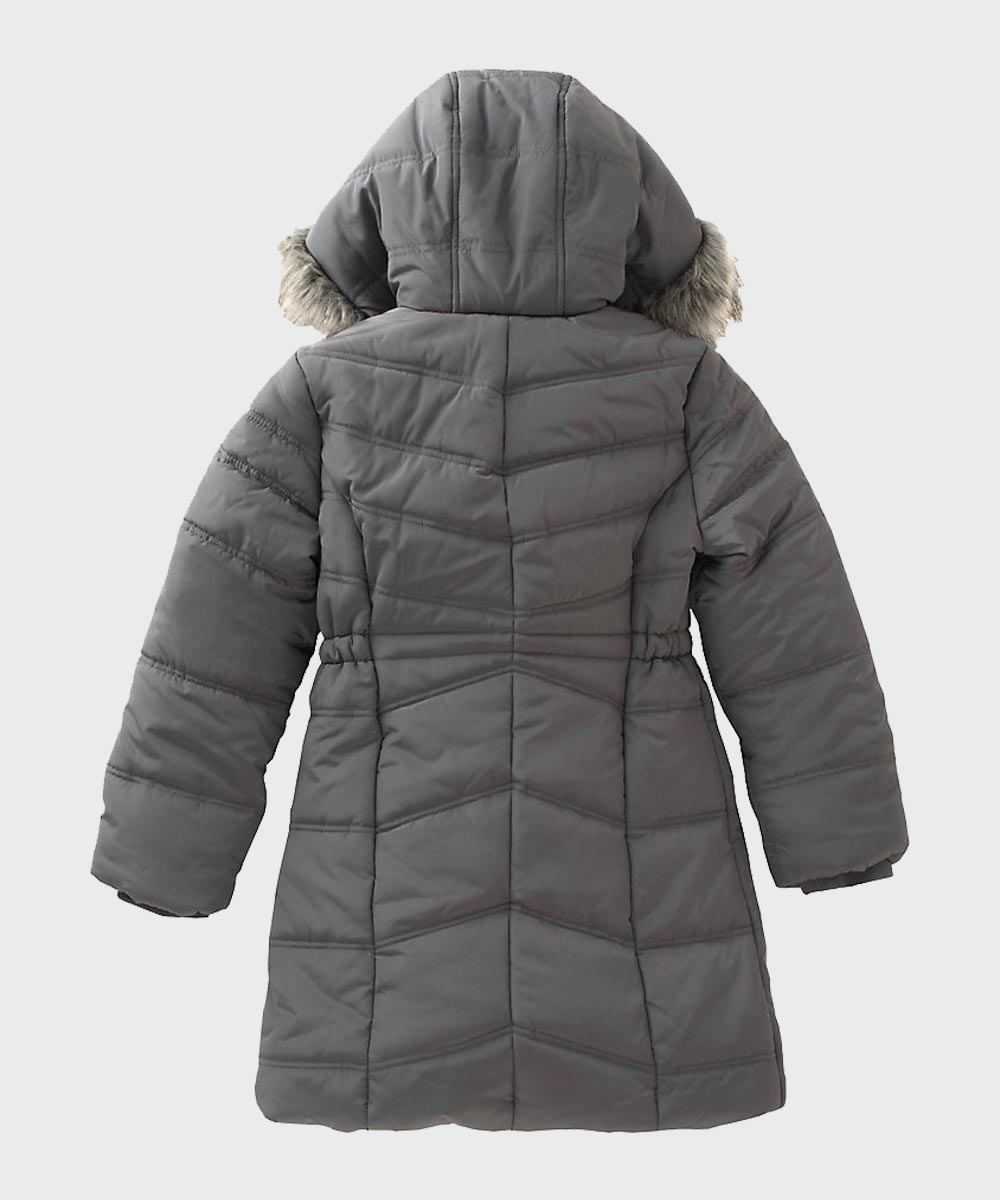 Womens Grey Hooded Puffer Coat Jacket women detail view 2 | Dash Racegear — womens Fur Hooded Grey Down Coat