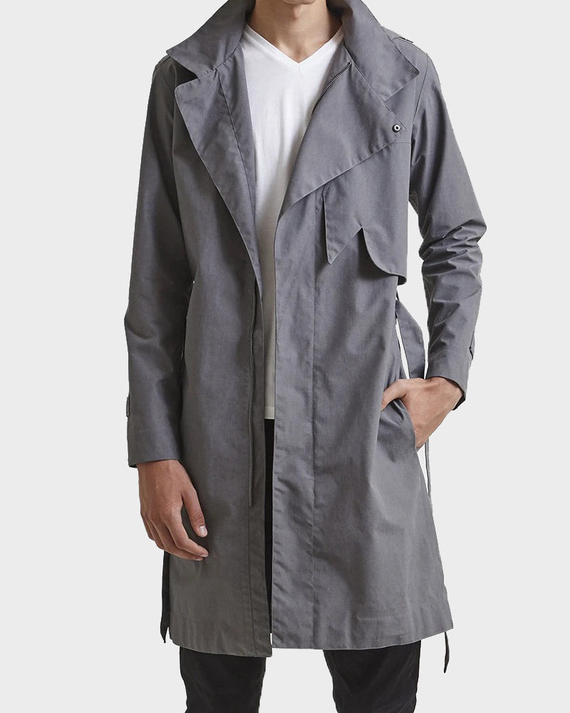 Mens Grey Zipper Trench Coat Coat men detail view 2 | Dash Racegear — Mens Grey Hooded Zipper Coat