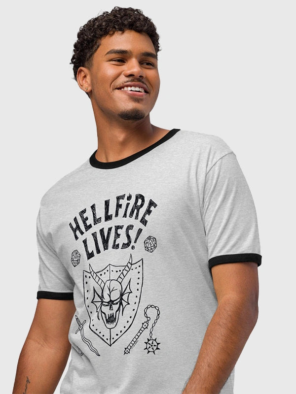 Stranger Things Hellfire Lives Ringer T-Shirt Shirt unisex detail view 2 | Dash Racegear — Recreation Stranger Things season 05 Hellfire Lives grey ringer T-shirt with a relaxed profile and graphic front