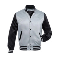 Mens Grey and Black Varsity Jacket Varsity Jacket men front product view | Dash Racegear — Mens Grey Varsity Jacket