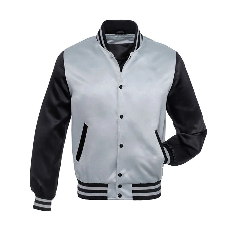 Mens Grey and Black Varsity Jacket Varsity Jacket men front product view | Dash Racegear — Mens Grey Varsity Jacket