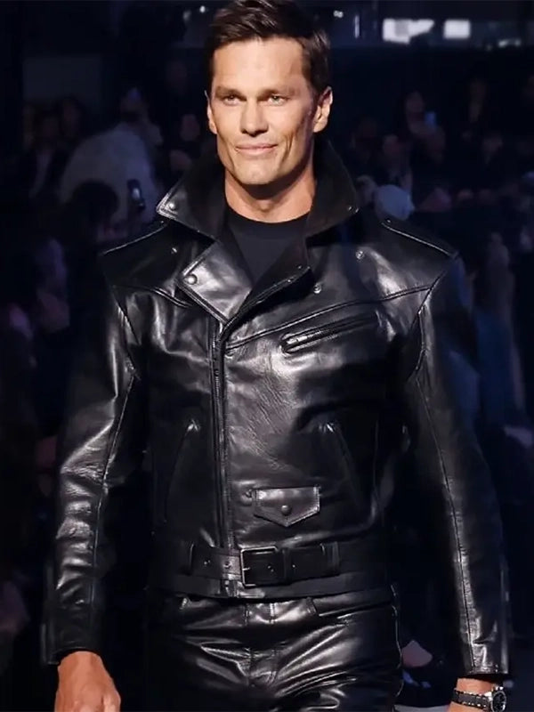 Tom Brady Debut For Gucci Jacket Jacket unisex front product view | Dash Racegear — Tom Brady x Gucci Debut Black Biker Leather Jacket featuring smooth leather finish and bold premium design.