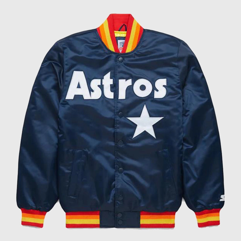 HOMAGE X Starter Astros Satin Jacket Jacket unisex front product view | Dash Racegear — Starter x HOMAGE Astros Satin Baseball Jacket – Retro Fanwear