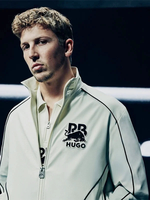 HUGO x RB Bull Track Jacket Jacket unisex front product view | Dash Racegear — Hugo x Red Bull 2026 full-zip track jacket with bull motif, perfect for motorsport fans and streetwear style.