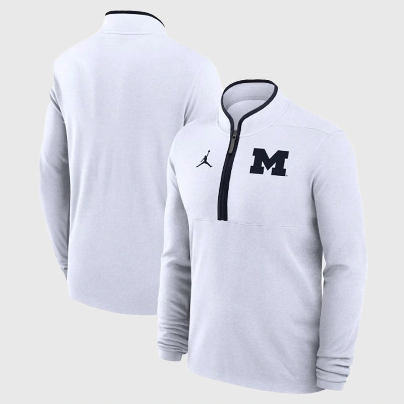 Dusty May Michigan Wolverines Half-Zip Sweatshirt Sweatshirt unisex detail view 4 | Dash Racegear — Recreation White Jordan Brand Michigan Wolverines Victory Sweatshirt modeled after Coach Dusty May’s sideline outfit.