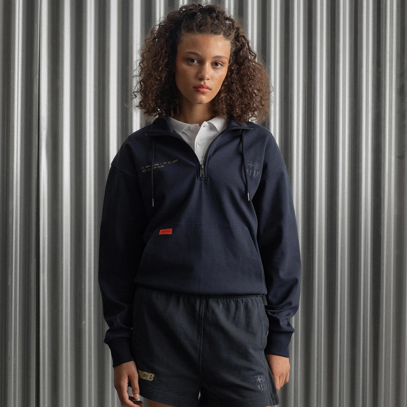 Barça Essentials Half Zip Hoodie Hoodie unisex detail view 3 | Dash Racegear — Unisex design navy fleece half zip hoodie from Barça.