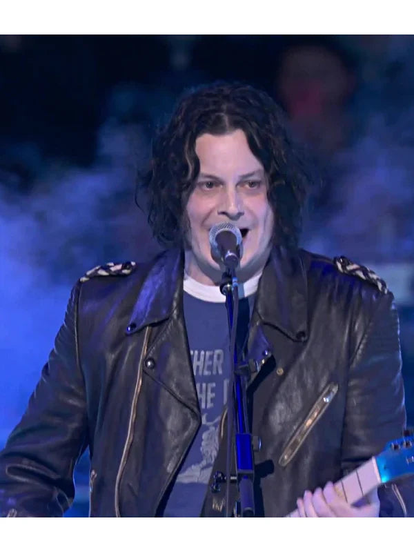 Jack White Halftime Show Leather Jacket Leather Jacket unisex detail view 7 | Dash Racegear — Jack White stage presence in bold leather jacket at NFL halftime show