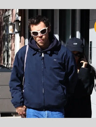 Harry Styles Prada Cotton Jacket Jacket unisex front product view | Dash Racegear — Harry Styles Prada navy blue zipper jacket with sleek design, perfect for fans of modern celebrity style.