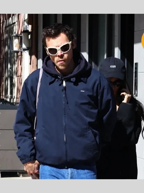Harry Styles Prada Cotton Jacket Jacket unisex front product view | Dash Racegear — Harry Styles Prada navy blue zipper jacket with sleek design, perfect for fans of modern celebrity style.