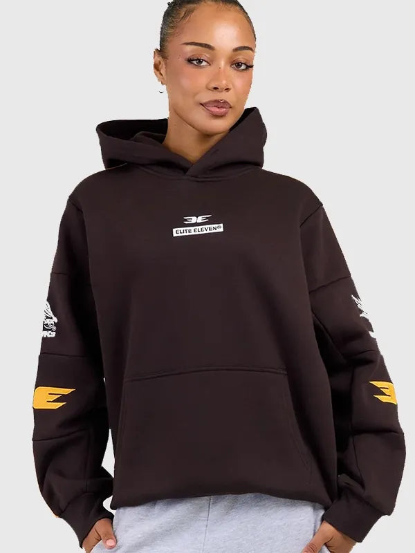 AFL x Elite Eleven Hawthorne Hawks Hoodie Hoodie unisex front product view | Dash Racegear — 2026 Hawthorn Hawks AFL x Elite Eleven Retro Hoodie Brown featuring classic team-inspired design and soft everyday comfort.
