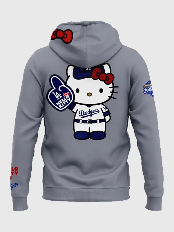 Dodgers Hello Kitty Hoodie Hoodie unisex detail view 7 | Dash Racegear — 2026 Dodgers Hello Kitty Night hoodie in grey, cozy pullover style for stylish fan outfit comfort.