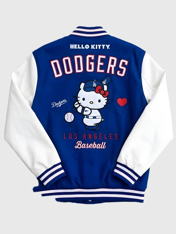 Hello Kitty Dodgers Varsity Jacket Varsity Jacket unisex detail view 2 | Dash Racegear — Blue & white Los Angeles Dodgers varsity jacket with Hello Kitty design, great for casual wear.