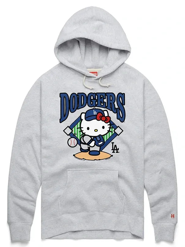 Hello Kitty x Los Angeles Dodgers Hoodie Hoodie unisex front product view | Dash Racegear — Los Angeles Dodgers Hello Kitty grey hoodie, Homage design with relaxed fit for casual sporty outfits.