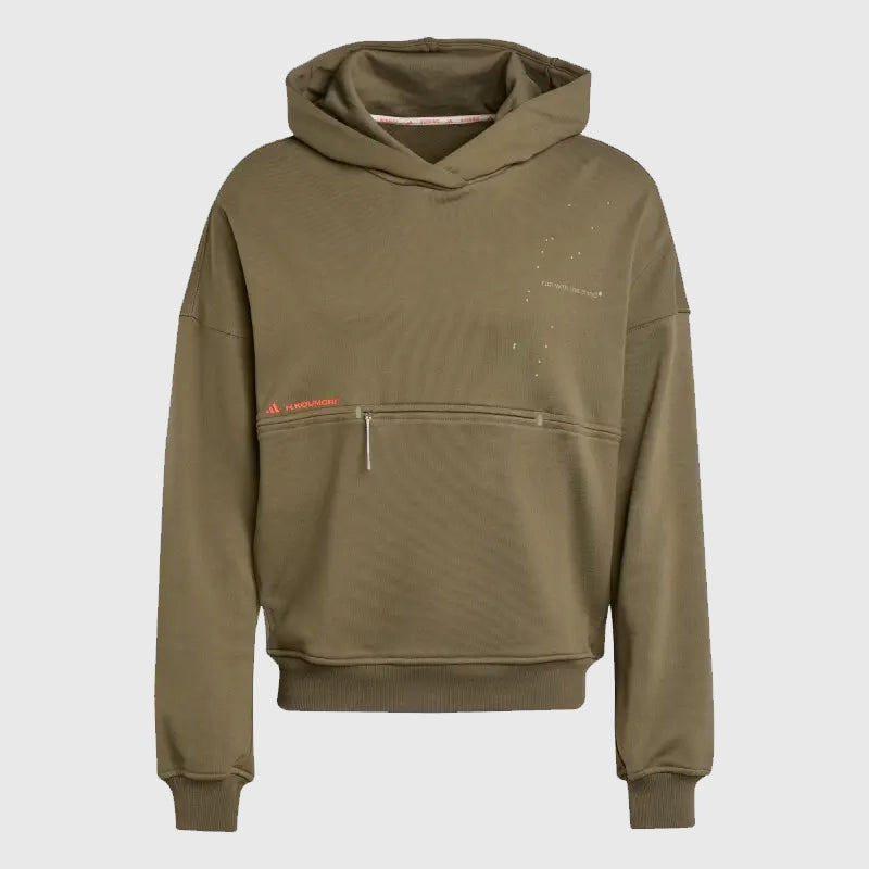 Adidas Hermanos Koumori Adi365 Running Hoodie Hoodie unisex front product view | Dash Racegear — Green fleece hoodie from Adidas Recreation series with Adi365 and H.Koumori collab