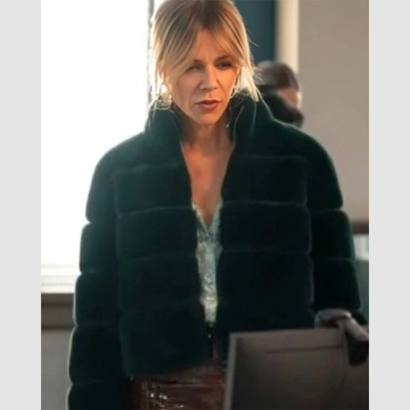 High Potential Kaitlin Olson Green Fur Jacket Jacket unisex front product view | Dash Racegear — Kaitlin Olson Green Fur Jacket – As Seen in High Potential
