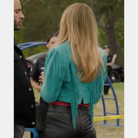 High Potential Kaitlin Olson Teal Fringed Jacket Jacket unisex detail view 2 | Dash Racegear — Morgan Gillory High Potential Morgan Gillory Teal Fringed Jacket
