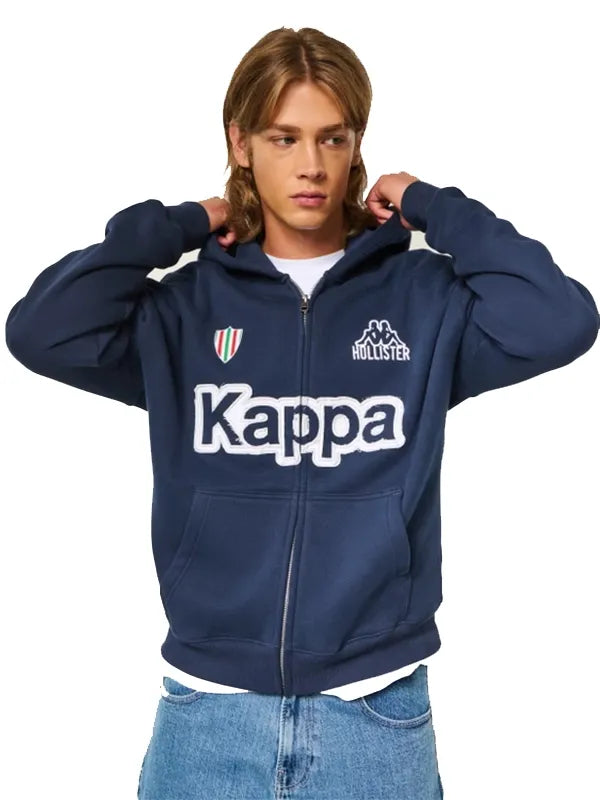 Hollister x Kappa Boxy Zip-Up Logo Graphic Hoodie Hoodie unisex detail view 4 | Dash Racegear — Hollister x Kappa 2026 navy boxy hoodie, front zip design, standout logo branding, comfy layer for daily outings.